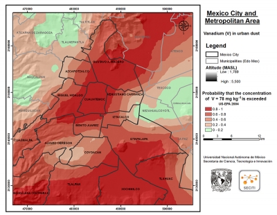En la imagen se pueden observar las zonas contaminadas con vanadio en polvos urbanos de la Ciudad de México y el área metropolitana. Los sectores de color rojo más intenso son en los que se identificó mayor concentración del metal pesado.