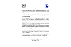 Posicionamiento: Consejo Técnico de la Investigación Científica de la Universidad Nacional Autónoma de México (CTIC, UNAM) a la opinión pública