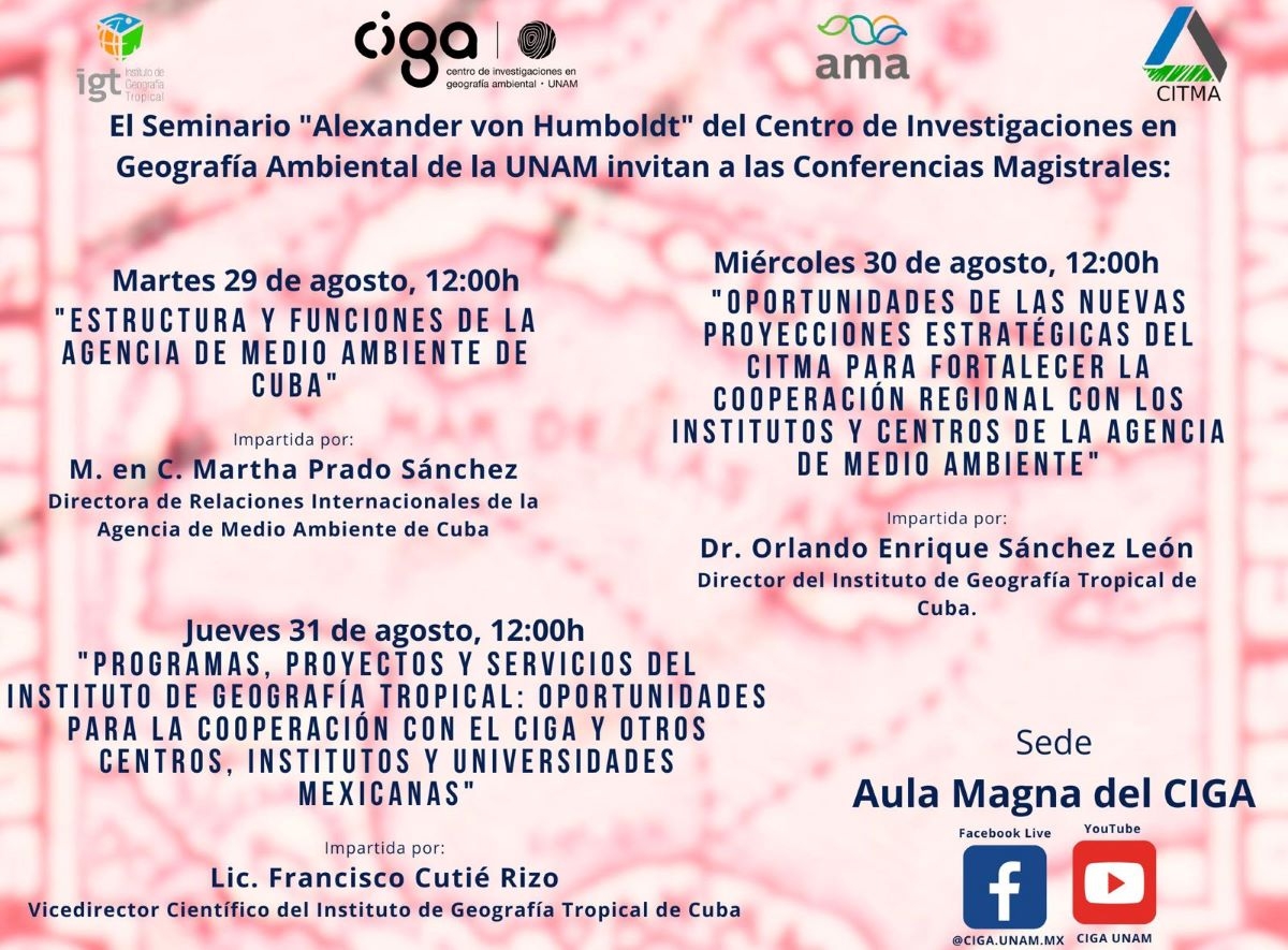 Seminario CIGA "Alexander von Humboldt": Conferencias Agencia de Medio Ambiente de Cuba e Instituto de Geografía Tropical de Cuba | 29, 30 y 31 de agosto
