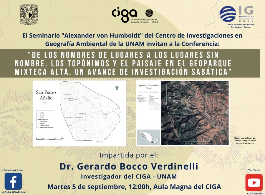 Seminario CIGA "Alexander von Humboldt": De los nombres de lugares a los lugares sin nombre. Los topónimos y el paisaje en el Geoparque Mixteca Alta. UNESCO. Un avance de investigación sabática