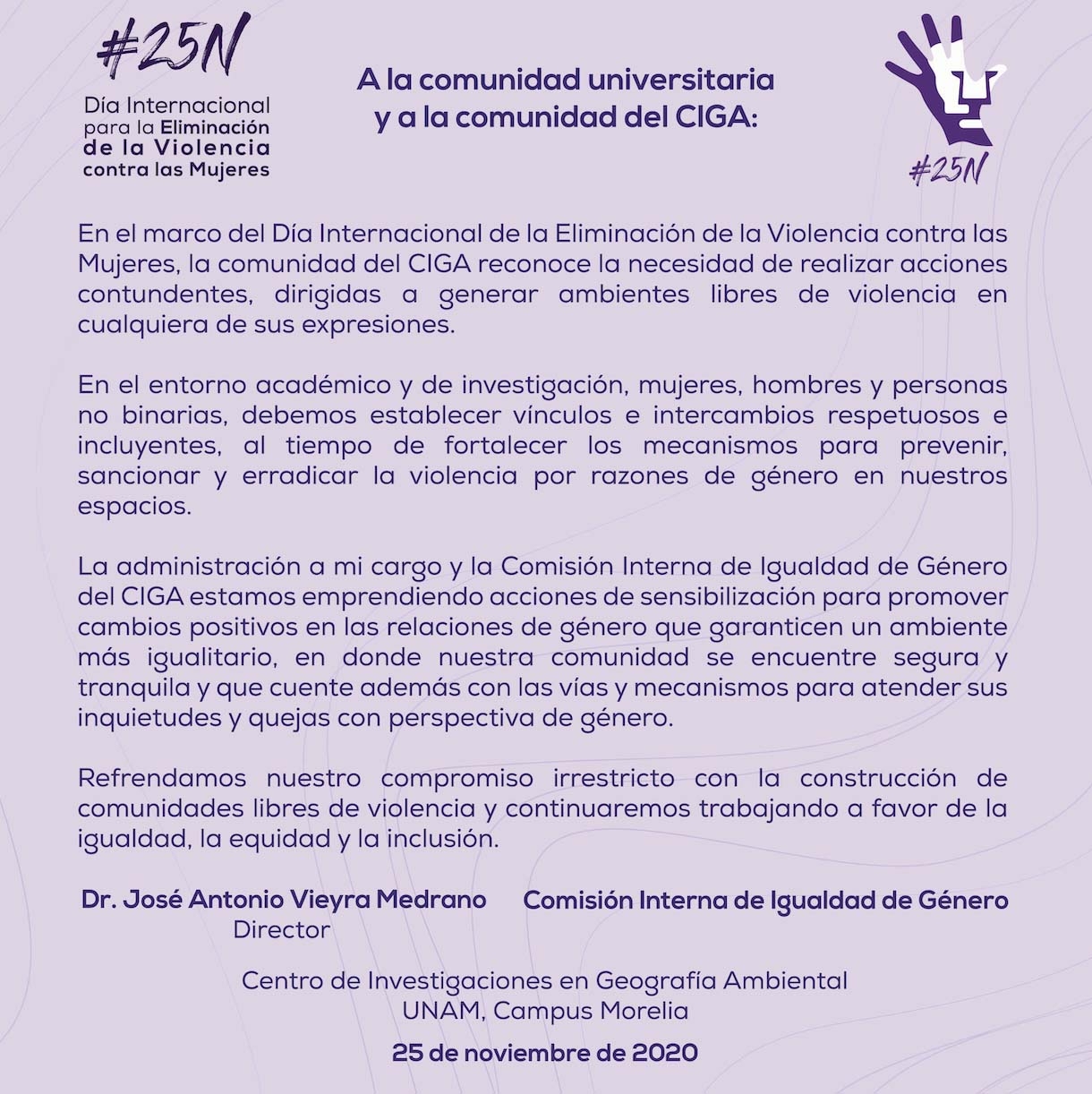 Comunicado conjunto del Director y la Comisión Interna de Igualdad de Género del CIGA