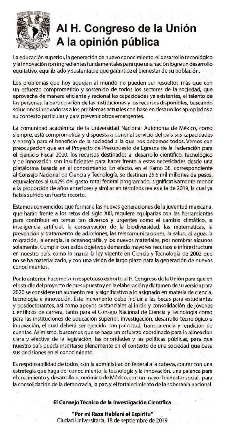 Comunidado: Al H. Congreso de la Unión. A la Comunidad Pública