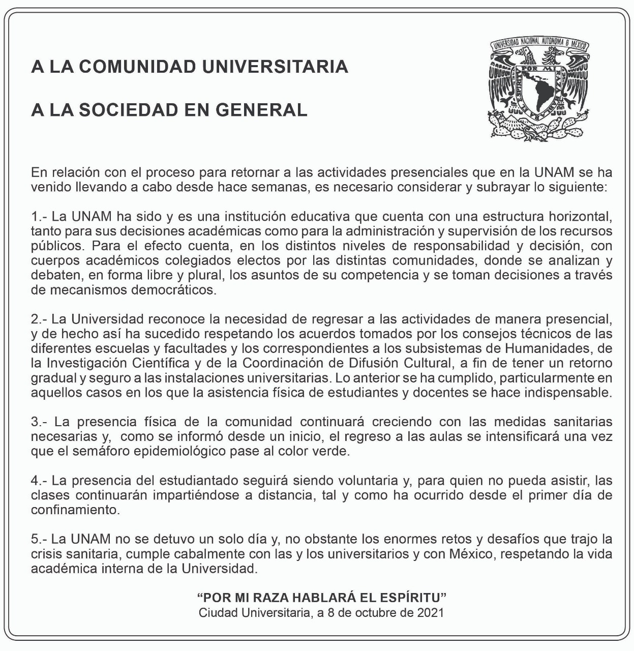 Comunicado Retorno Activ Presenciales