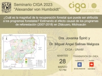 Seminario CIGA &quot;Alexander von Humboldt&quot;: ¿Cuál es la magnitud de la recuperación forestal que puede ser atribuida a los programas forestales? Estimando el efecto causal de los programas de reforestación (2007-2018) en Zitácuaro, Michoacán?