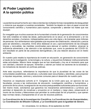 Exhorto de la UNAM al Poder Legislativo. A la opinión pública.